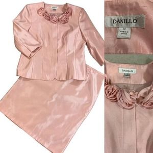 Danillo Pink Shimmer Suit Set Jacket & Straight Skirt Striated Lame Size 12